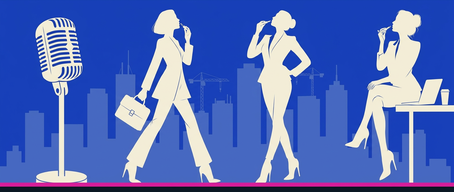 Cream silhouettes of three women in stiletto heels putting on lipstick against a cobalt city skyline — one striding with a briefcase, one standing with a hand on her hip, one perched at a desk with a laptop — a vintage studio microphone at the left, all standing on one pink-edged runway